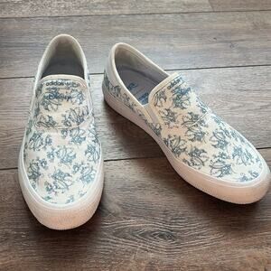Adidas Disney Women's Slip-On Sneakers in White and Light Blue Floral Print